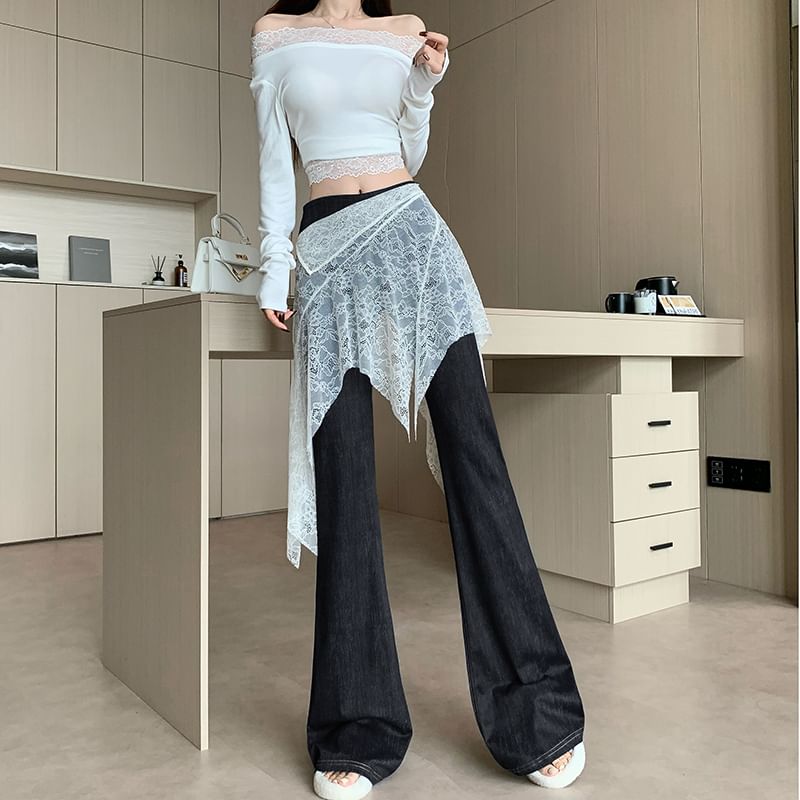 Asymmetric Lace Overlay Bell Bottom Denim Skirt