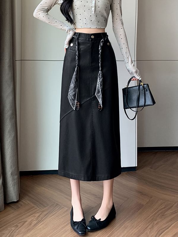 Slit Faux Leather Midi Straight Skirt + Scarf Belt Set