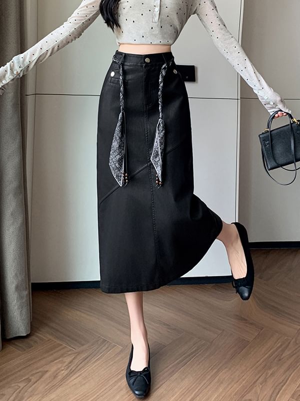 Slit Faux Leather Midi Straight Skirt + Scarf Belt Set