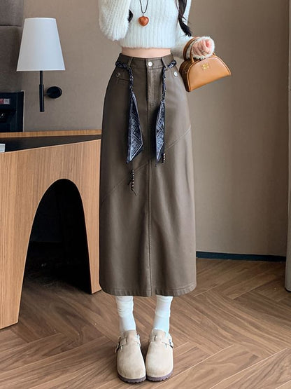 Slit Faux Leather Midi Straight Skirt + Scarf Belt Set
