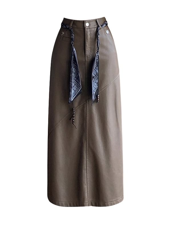 Slit Faux Leather Midi Straight Skirt + Scarf Belt Set