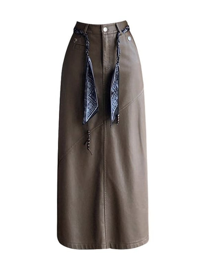Slit Faux Leather Midi Straight Skirt + Scarf Belt Set