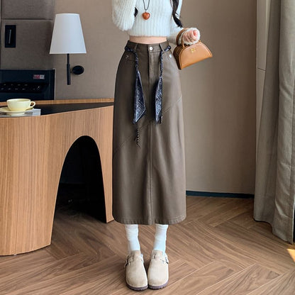 Slit Faux Leather Midi Straight Skirt + Scarf Belt Set