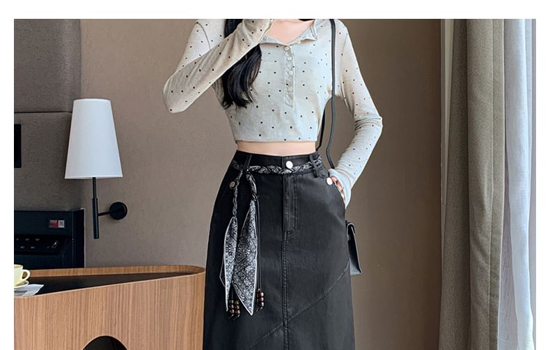Slit Faux Leather Midi Straight Skirt + Scarf Belt Set