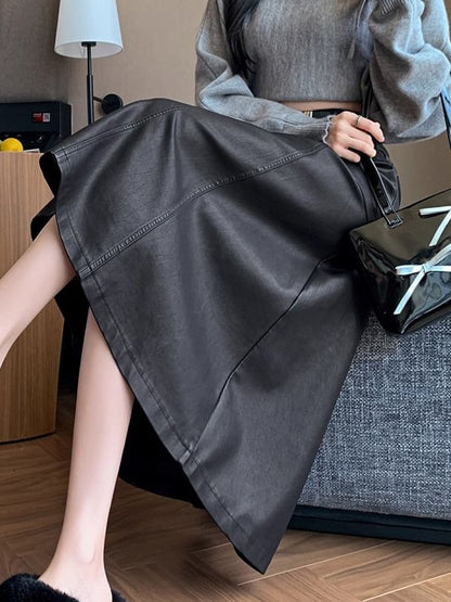 Solid Faux Leather A-Line Midi Skirt High Rise