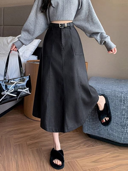 Solid Faux Leather A-Line Midi Skirt High Rise
