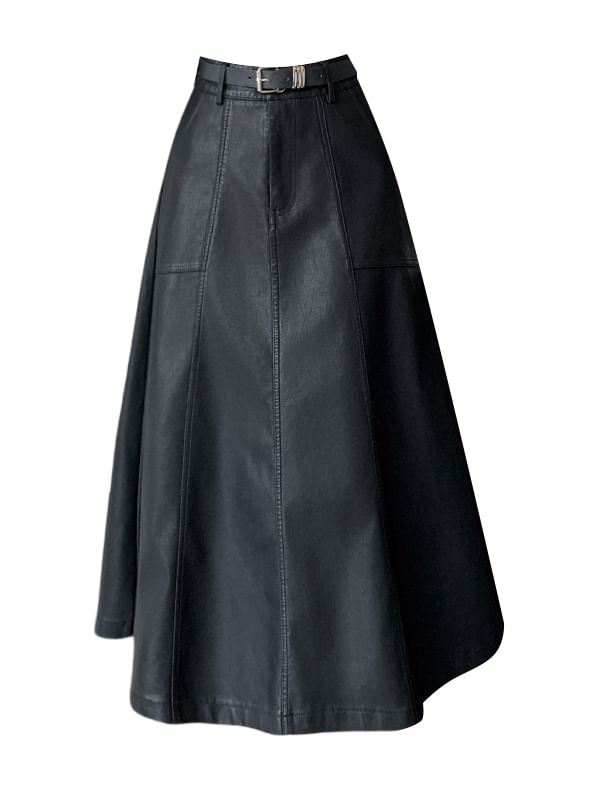 Solid Faux Leather A-Line Midi Skirt High Rise