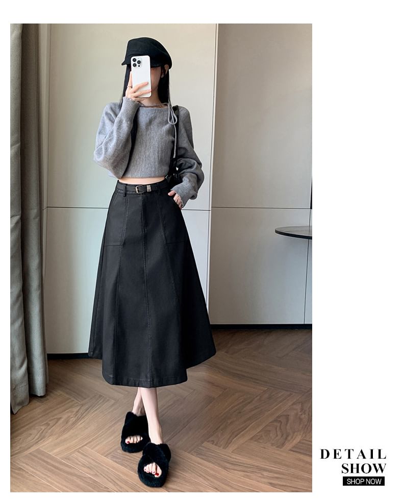 Solid Faux Leather A-Line Midi Skirt High Rise