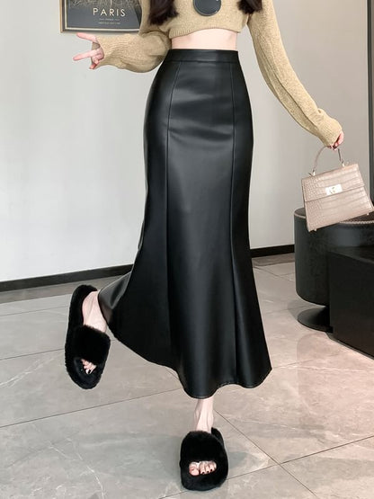Faux Leather Mermaid Hem Midi Skirt High Waist