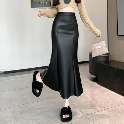Faux Leather Mermaid Hem Midi Skirt High Waist