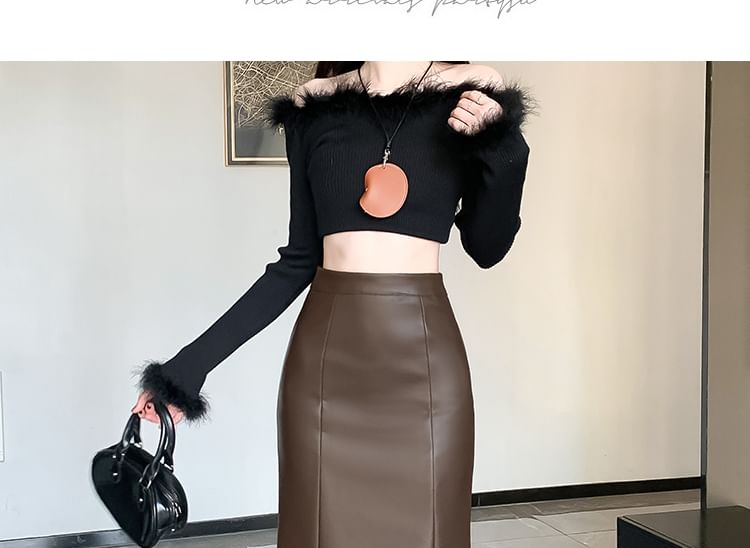 Faux Leather Mermaid Hem Midi Skirt High Waist