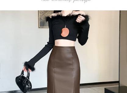 Faux Leather Mermaid Hem Midi Skirt High Waist