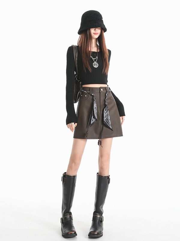 Faux Leather Mini A-Line Skirt with Scarf Belt Set