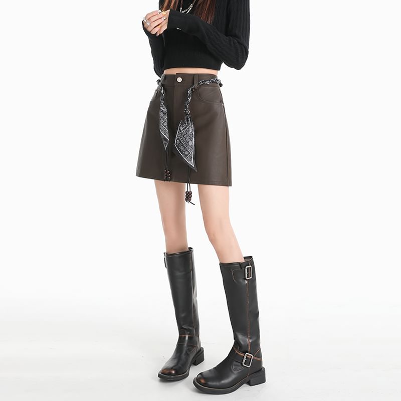 Faux Leather Mini A-Line Skirt with Scarf Belt Set