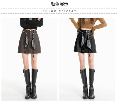 Faux Leather Mini A-Line Skirt with Scarf Belt Set