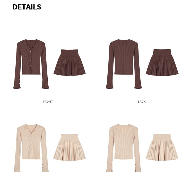 V-Neck Button Cardigan + Pleated Mini Skirt Set High Rise