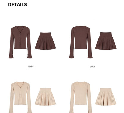 V-Neck Button Cardigan + Pleated Mini Skirt Set High Rise