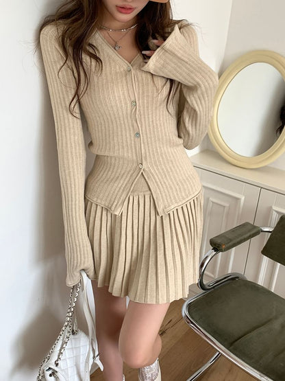 V-Neck Button Cardigan + Pleated Mini Skirt Set High Rise