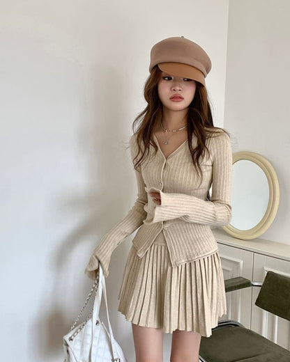 V-Neck Button Cardigan + Pleated Mini Skirt Set High Rise