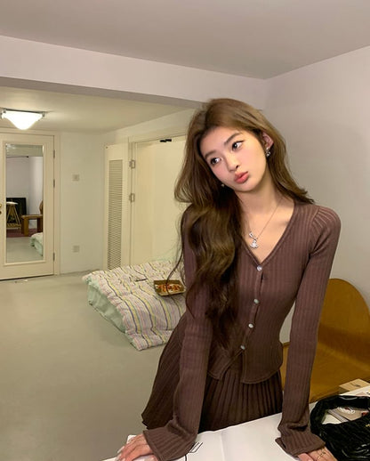 V-Neck Button Cardigan + Pleated Mini Skirt Set High Rise