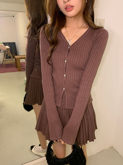 V-Neck Button Cardigan + Pleated Mini Skirt Set High Rise
