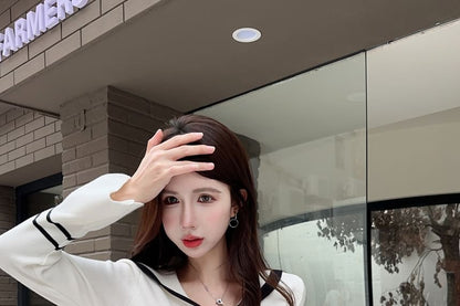 Sailor Collar Contrast Cardigan + Pleated Mini Skirt Set