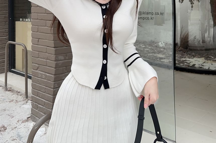 Sailor Collar Contrast Cardigan + Pleated Mini Skirt Set