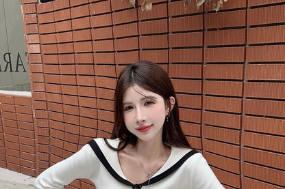 Sailor Collar Contrast Cardigan + Pleated Mini Skirt Set