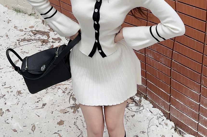 Sailor Collar Contrast Cardigan + Pleated Mini Skirt Set