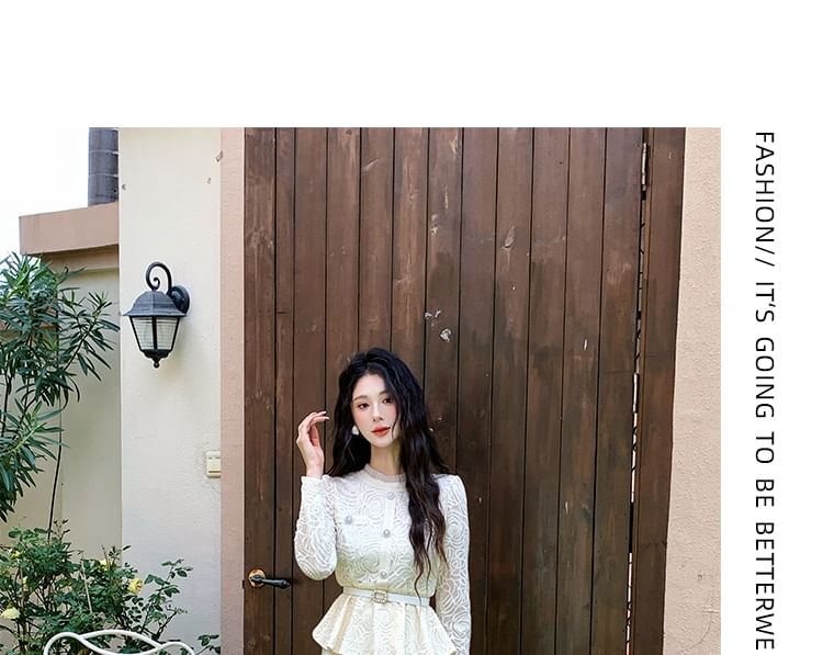 Long Sleeve Stand Collar Lace Peplum Blouse + Maxi Skirt Set