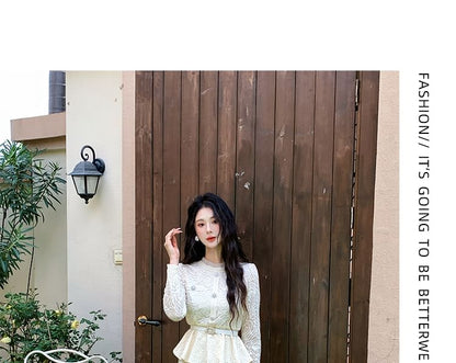 Long Sleeve Stand Collar Lace Peplum Blouse + Maxi Skirt Set