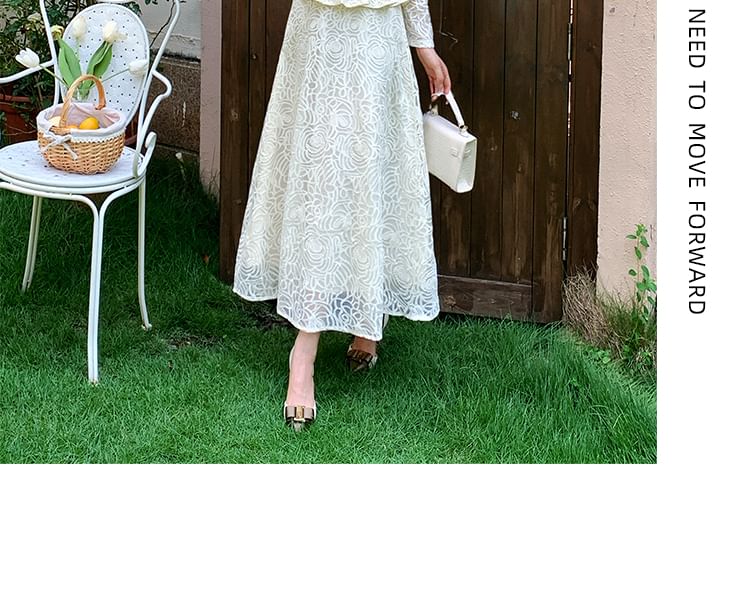 Long Sleeve Stand Collar Lace Peplum Blouse + Maxi Skirt Set