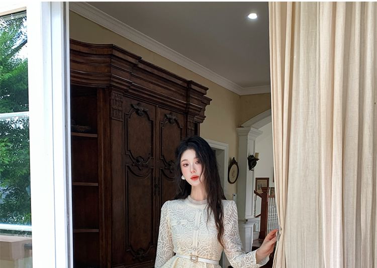 Long Sleeve Stand Collar Lace Peplum Blouse + Maxi Skirt Set