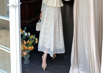 Long Sleeve Stand Collar Lace Peplum Blouse + Maxi Skirt Set