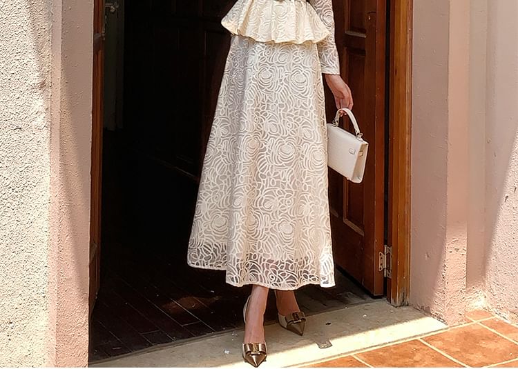 Long Sleeve Stand Collar Lace Peplum Blouse + Maxi Skirt Set