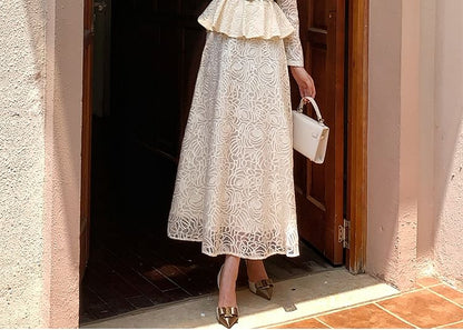 Long Sleeve Stand Collar Lace Peplum Blouse + Maxi Skirt Set