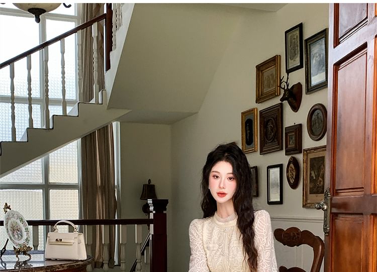 Long Sleeve Stand Collar Lace Peplum Blouse + Maxi Skirt Set