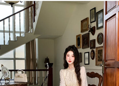 Long Sleeve Stand Collar Lace Peplum Blouse + Maxi Skirt Set