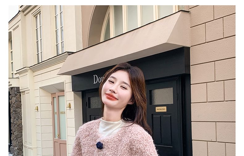 V-Neck Flower Button Teddy Jacket