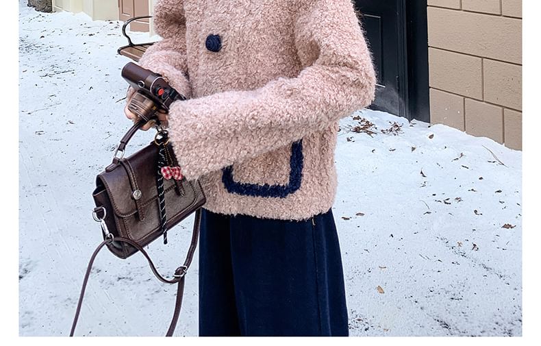 V-Neck Flower Button Teddy Jacket