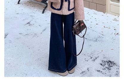 V-Neck Flower Button Teddy Jacket