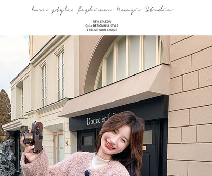 V-Neck Flower Button Teddy Jacket