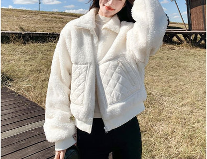 Stand Collar Plain Quilted Panel Zip Teddy Jacket