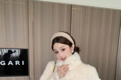 Collared Plain Faux Fur Jacket / Drawstring Waist Plain Knit Straight Leg Pants