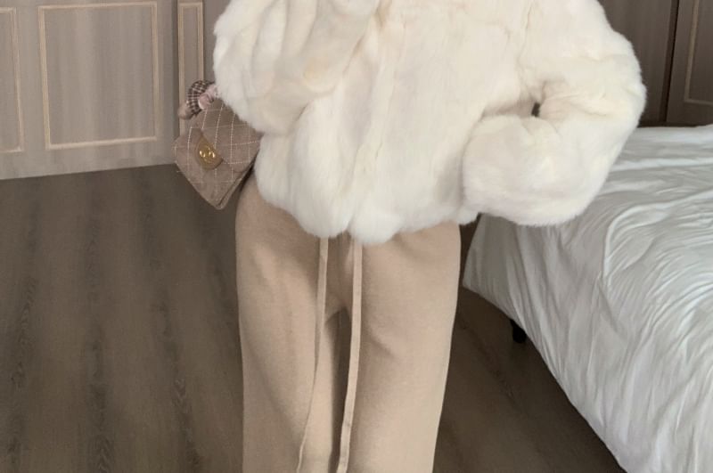 Collared Plain Faux Fur Jacket / Drawstring Waist Plain Knit Straight Leg Pants