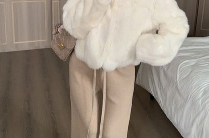 Collared Plain Faux Fur Jacket / Drawstring Waist Plain Knit Straight Leg Pants