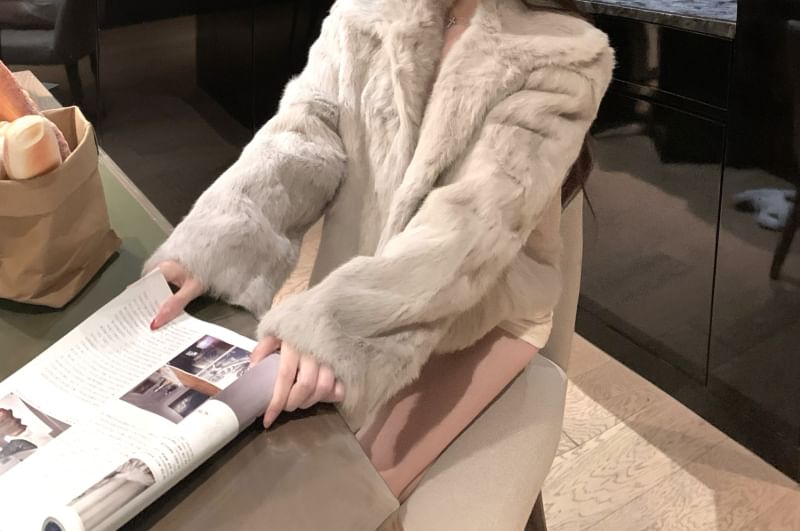 Collared Plain Faux Fur Jacket / Drawstring Waist Plain Knit Straight Leg Pants