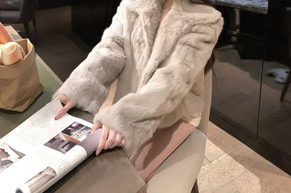 Collared Plain Faux Fur Jacket / Drawstring Waist Plain Knit Straight Leg Pants