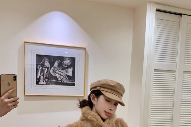 Collared Plain Faux Fur Jacket / Drawstring Waist Plain Knit Straight Leg Pants