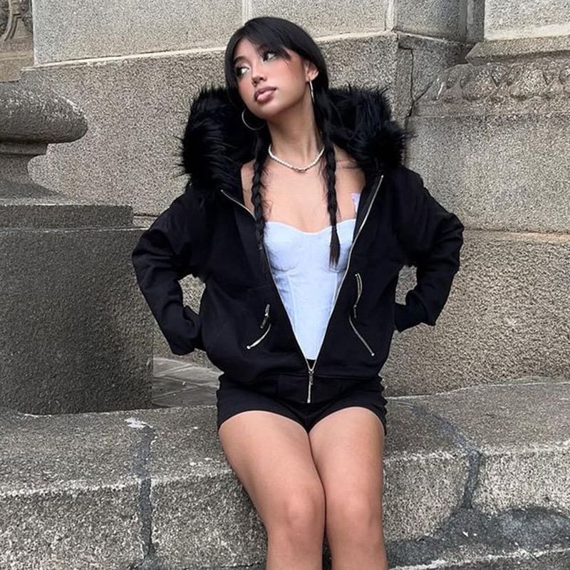 Faux Fur Trim Zip-Up Hoodie